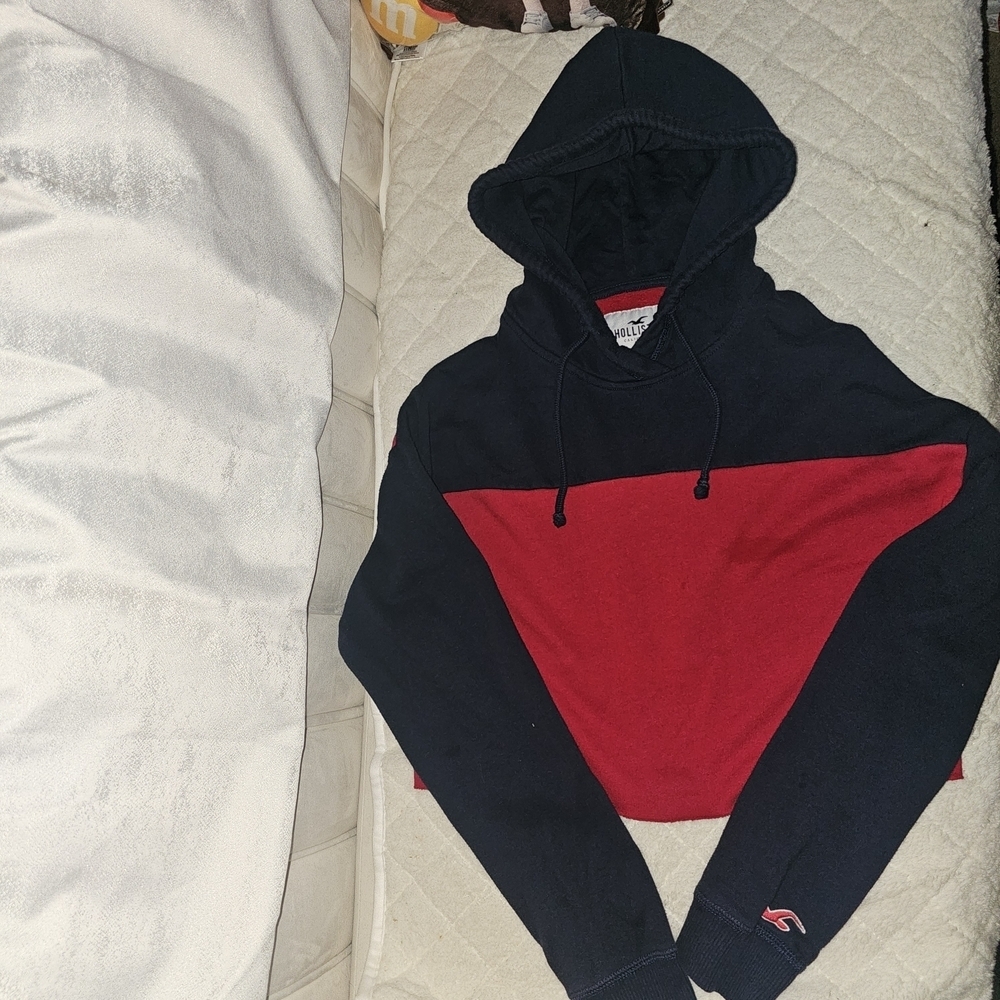 Hollister Navy and Red Women's Cropped Hoodie